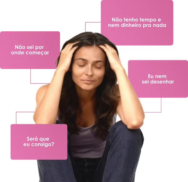 Mulher preocupada cercada de dúvidas